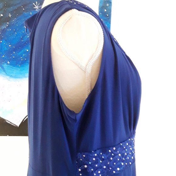 Vintage Kathy Roberts Blue Empire Waist Party Dress with Lace Sequin Accents - Picture 3 of 10